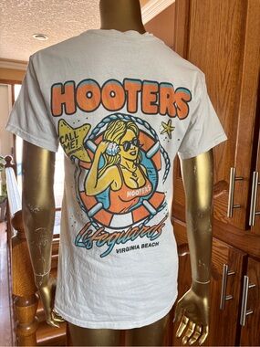 Hooters White Tee with Orange and Yellow Lifeguard Graphic